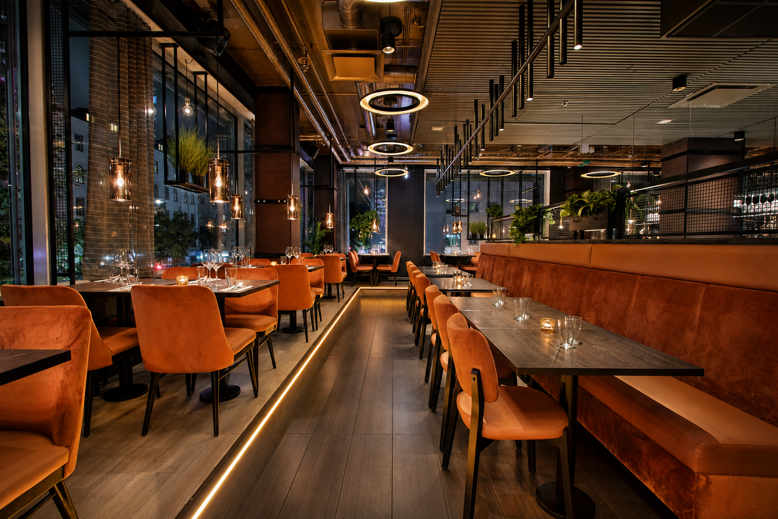 Pong restaurang med varm orange inredning och belyst mittgång