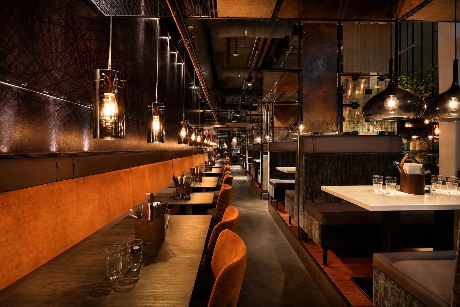 Lång restauranginteriör med varm belysning